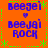 Pixelated orange background with green dashed borders and star corners, displaying four identical blue text blocks reading "Beegei," "Beejai," and "ROCK" with a heart symbol between them.