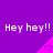 Purple background with repeated white text 'Hey hey!!' and pink triangular shapes containing heart symbols.