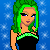 Pixelated character with green hair and black dress against blue starry background, displaying three sequential facial expressions.