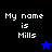 Four display 'My name is Mills' text with varying background colors and star icons, showing a static image without animation