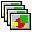 A contact sheet of 16 animated frames showing a pixelated stick figure running across multiple overlapping computer monitor icons with green, yellow, and red color blocks on gray backgrounds.