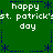 Green background with white text reading 'happy st. patrick's day' and blue star-like symbols arranged in a pattern