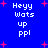 Blue background with white pixelated text reading "Heyy Wats up ppl" and scattered red plus signs.