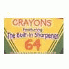 A static image shows a Crayola 64-count crayon box with a built-in sharpener, next to a quote about having the 64 pack with a sharpener.