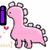 Pixelated pink dinosaur with spiky back, purple 'i' icon, and heart symbols on white background; text reads 'dinosaurs!' in cyan.