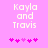 Pixelated text 'Kayla and Travis' on pink background with five heart symbols below, two versions show animation changes in heart positions.