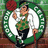 Pixelated image of a man in green and white attire holding a red cane inside a green circular frame with white floral patterns, next to green text reading "Celtics all the way babe" on black background.