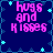 Pixelated text 'Hugs and Kisses' in pink on dark blue background with light blue stars, arranged in a of identical