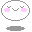 Two pixelated white oval shapes with pink cheeks and gray eyes, each with a different mouth expression, on a gray background.