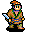 Pixel art character in orange hat and checkered outfit holding blue sword, standing against white background.