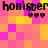 Pixelated text 'homister homister' appears twice with three hearts below each, set against a pink and yellow checkered background.