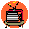 Pixelated retro TV set on a stand with antennas, orange circular background, screen displays various static patterns and waveforms.