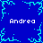 Blue background with cyan pixelated snowflake patterns and four instances of the text 'Andrea' in white pixelated font.