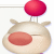 Pixelated icon of a round beige creature with closed eyes, red oval cheek mark, two small ears, and a large red spherical headpiece on thin supports.