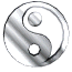 A metallic yin-yang symbol rotates through multiple angles, displaying varying perspectives of its 3D-rendered surface with reflective silver and dark gray tones.
