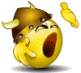Animated yellow cartoon character with brown horns and a small hat, mouth open in surprise, hand raised near face.