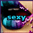Pixelated close-up of lips with teal and purple color scheme, displaying the word "sexy" in blue text over a beige background.
