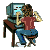 Pixelated figure in red shirt and blue jeans sits at brown desk, typing on keyboard with both hands while facing computer monitor displaying blue screen with black lines.