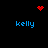 Four blue 'kelly' text labels surround red pixel art icons on a black background, with one heart and two dot clusters visible.