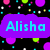 A static digital image with a black background filled with scattered colorful dots and squares, featuring a purple cloud-shaped text box containing the name 'Alisha' in light blue letters.