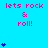 Pixelated blue background with repeated pink text 'lets rock & roll!' and blue heart symbols in vertical stacks.