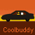 Pixel art contact sheet showing two frames of a black sedan animation against an orange-yellow gradient background with "Coolbuddy" text below each car.