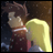 Two anime-style characters embrace against a dark background with a brown upper section; one has brown hair and wears a red outfit with white stripes, the other has long yellow hair.