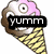 Pixelated ice cream cone with two eyes and a mouth, pink scoop melting over brown swirls, yellow striped cone.