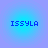 Four identical blue pixelated text labels reading ISSYLA on a gradient background transitioning from light purple to cyan.