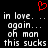 Red pixelated heart symbol above repeated white text on black background, displaying 'in love... again... oh man this sucks' in two identical