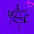 Purple background with black text reading "I LOVE HIM!" and a pink pixelated heart above the word I in one frame, absent in another.