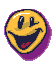 Pixelated yellow smiley face with purple outline, red tongue, and black eyes; left eye winks in first frame, right eye bulges out in second frame.