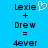 Blue background displays text 'Lexie + Drew = 4ever' with a white pixelated heart symbol next to 'Lexie'.