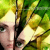 A pixelated close-up of a person's face partially obscured by green foliage and bright light, with visible eye and nose details.