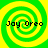 Four identical pixelated spiral patterns with green and yellow concentric rings, each containing black text reading 'Joy Oreo' in a retro digital font.