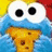 Pixelated Cookie Monster holding a cookie with text "COOKIE MONSTER" and exclamation marks on blue background.