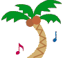 Four animated frames of a cartoon palm tree with coconuts and musical notes in various colors, arranged in a 2x2 contact sheet on gray background.
