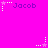 A bright pink background displays multiple instances of the name 'Jacob' in purple pixelated text, each accompanied by a white star with dotted lines.