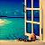 Pixelated beach scene with turquoise water, sandy shore, and a multi-paned window structure on the right.