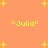 Pixelated orange background with yellow stars and four instances of the text 'xJuliax' in a retro digital font.