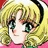 Anime-style character with blonde hair and green eyes, wearing a pink top, depicted in a static pixelated image with yellow and pink background hues.