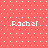 A static image with a coral background patterned by white dots, displaying four instances of the name 'Rachel' in pixelated text.