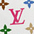 Pixelated image with pink 'LV' monogram, four colored flower icons (brown, blue, green, beige), and pink text reading "the place where STEPH shops" on white background.