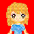 Pixelated character with blonde hair and blue top against solid red background, static image.