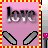 A pink square icon with 'love' text at top, gray wing-like shapes below, and a red-and-yellow striped border; bottom displays 'IS JUST A GAME' text