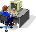 Pixelated scene of a person in blue shirt and dark pants typing at a desk with beige computer, green dots on screen, two views show chair position change.