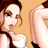 A 48x48 pixel animated contact sheet showing two frames of a cartoon-style pinup girl with brown hair and blue eyes, alongside green text reading "Original Icons .com" on a dark green background.