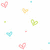 Pixelated heart shapes in pink, yellow, green, and cyan float against a white background with scattered small squares.