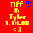 Red background with yellow text reading "Tiff & Tyler 1.18.08 <3" and a blue pixelated heart symbol above the ampersand.