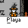 Animated contact sheet of pixel art frames showing a character in orange outfit with black hat interacting across multiple scenes including text bubbles and different poses.